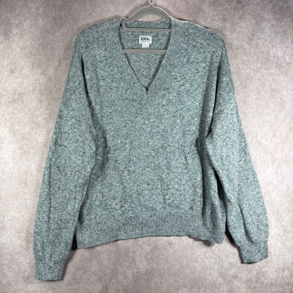 Eddie Bauer Sweater Women Large Blue V-Neck Marled Knit Cotton Blend Cottagecore
